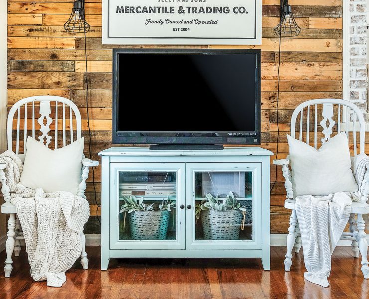 Farmhouse living room with reclaimed wood wall and blue TV stand