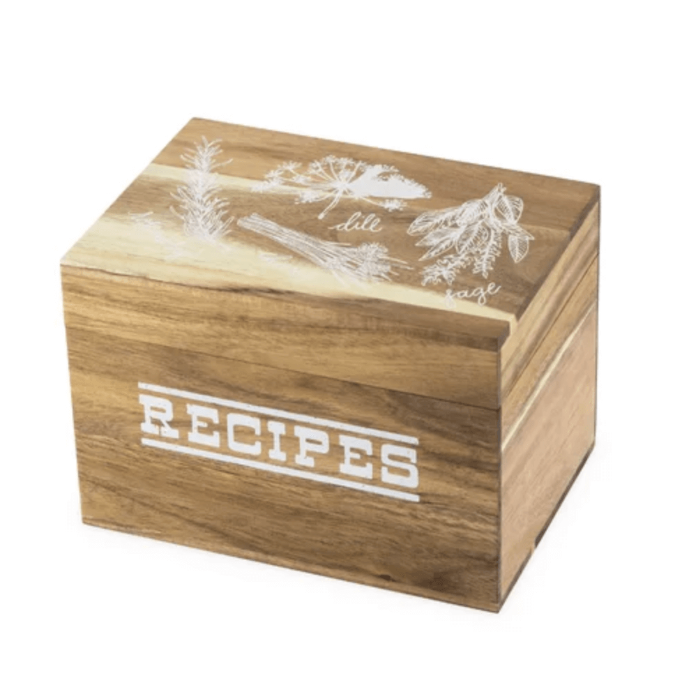 wood recipe box with herbs