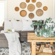 living room with pallet wood coffee table