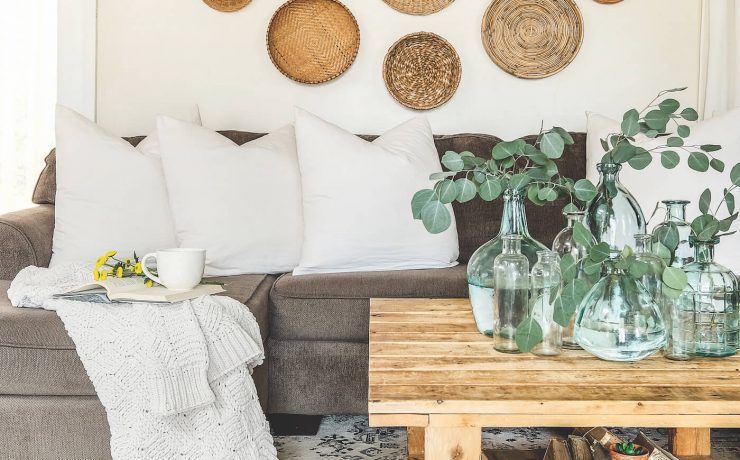 living room with pallet wood coffee table