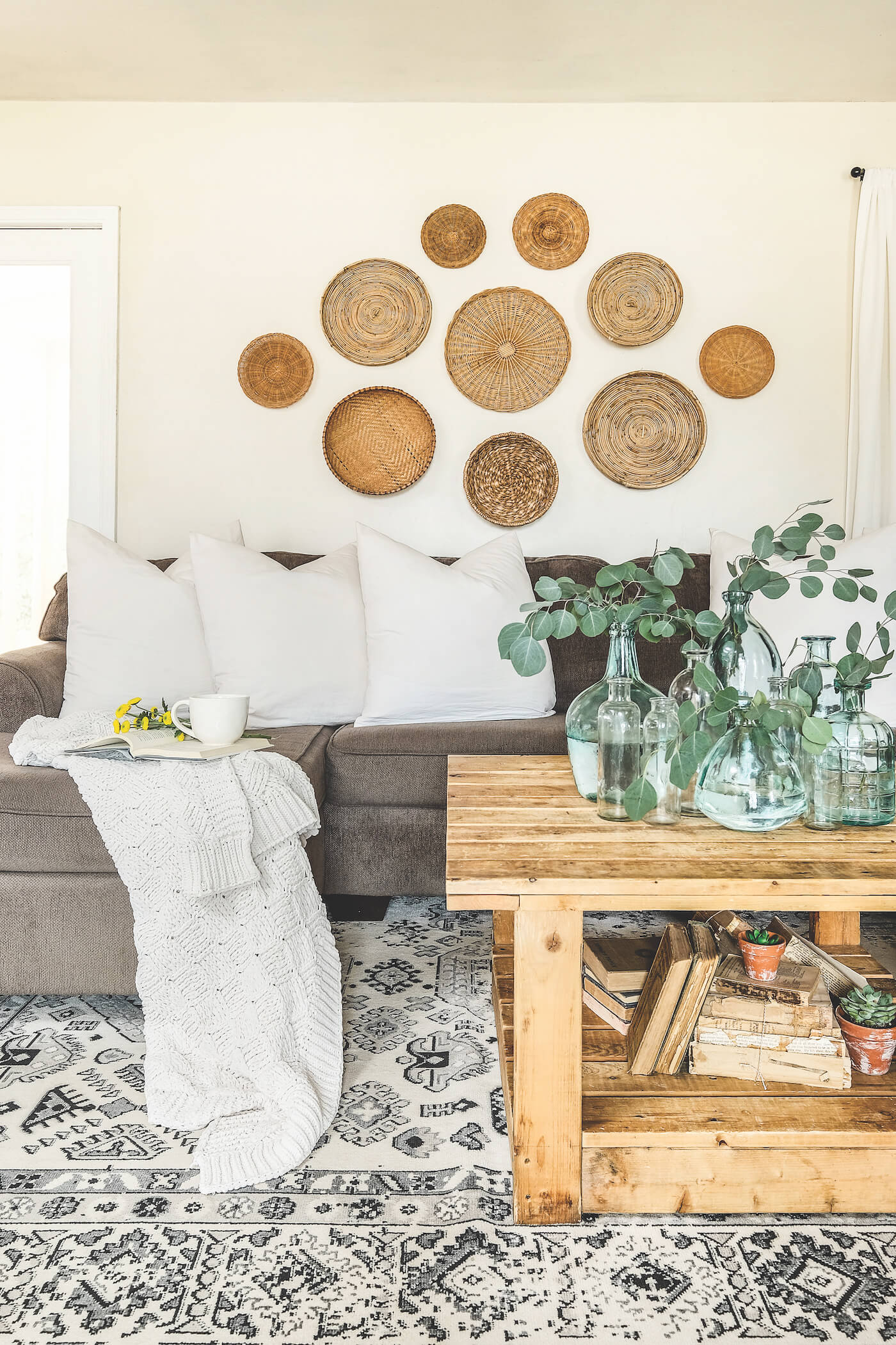 living room with pallet wood coffee table