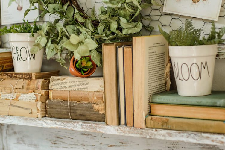 potted plants resting atop well used books with the words grow and bloom scripted across