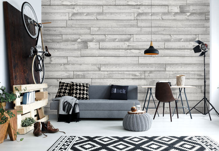 Rustic wood wall in living room with gray color scheme