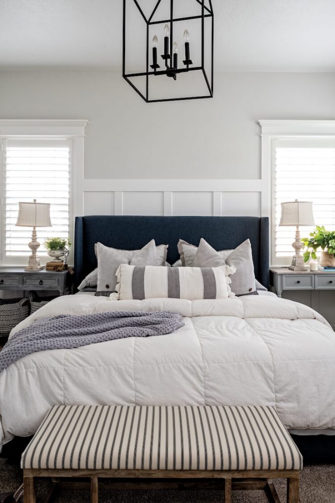 blue and white bedroom with wainscoting