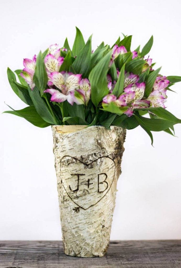birch bark vase with initial carvings