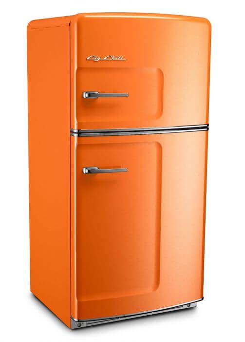 An American-made, orange, vintage refrigerator