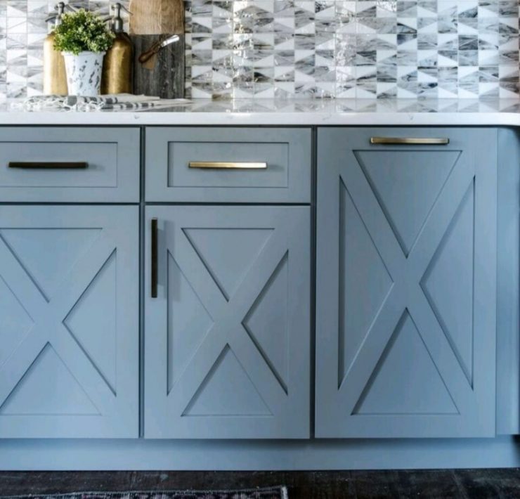 Ash grey cabinets with X wood carving