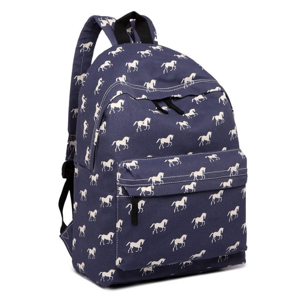 A navy backpack covered in several white silhouettes of a running horse