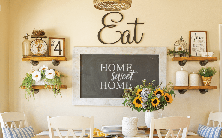 Farmhouse dining room with gallery wall and farmhouse details.