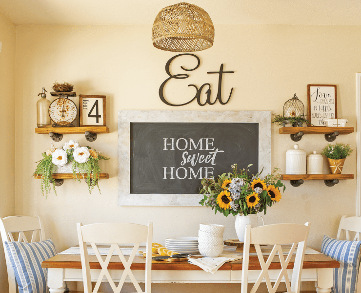 Farmhouse dining room with gallery wall and farmhouse details.