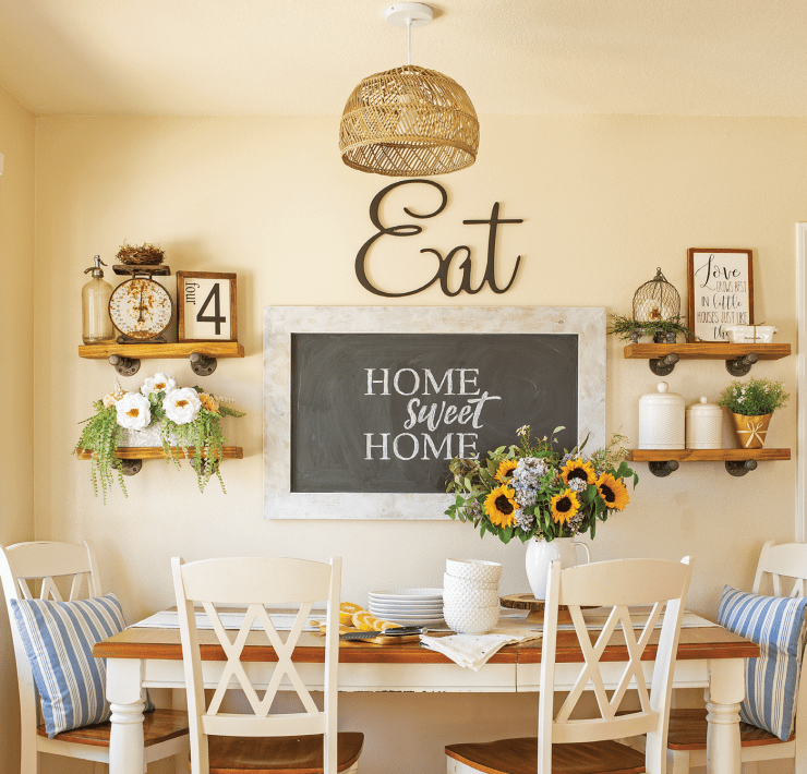 Farmhouse dining room with gallery wall and farmhouse details.