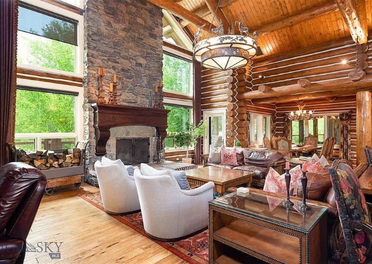 Log cabin interior of Montana ranch home