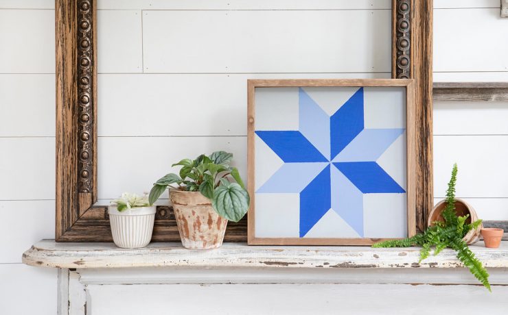 DIY barn quilt on mantel with houseplants