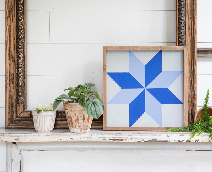 DIY barn quilt on mantel with houseplants