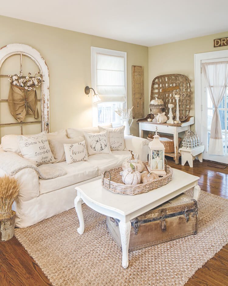 Neutral fall living room with farmhouse accents