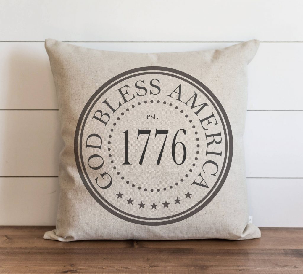Square burlap pillow with God Bless America stamp