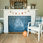 chalkboard fireplace with diy mantel in mid century farmhouse