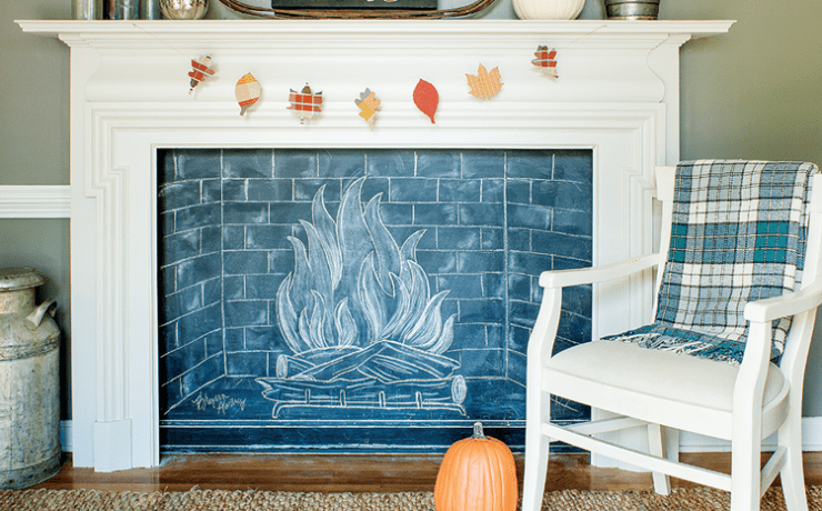 chalkboard fireplace with diy mantel in mid century farmhouse