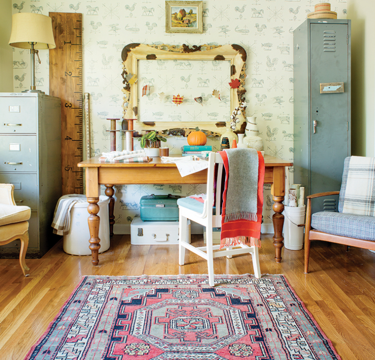diy wall ruler mid century farmhouse craft room with persian rug and desk