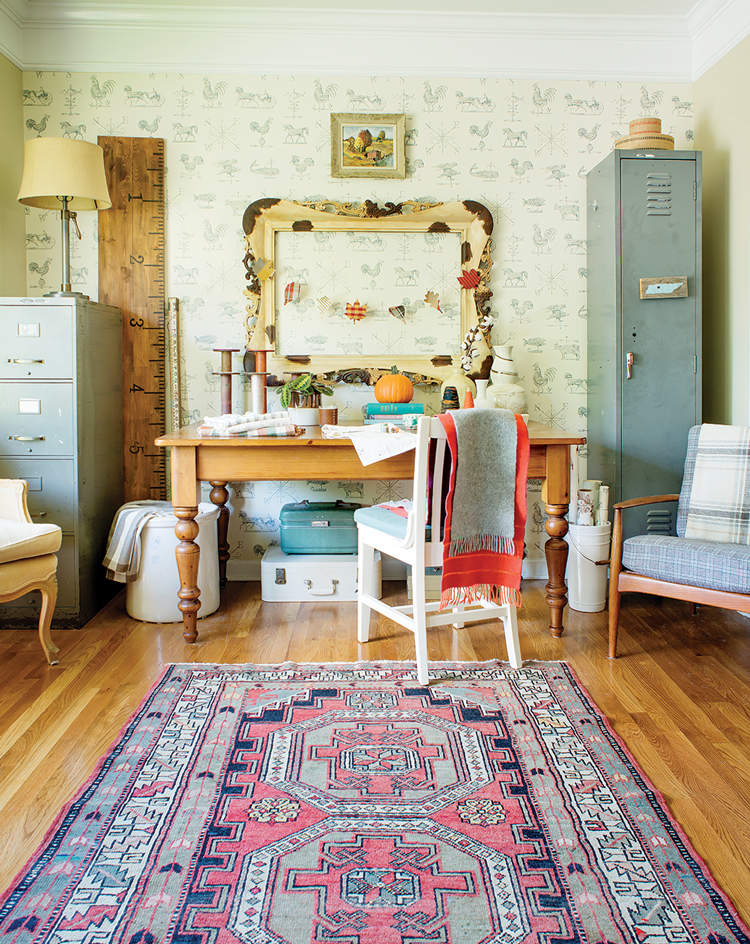 mid century farmhouse craft room with persian rug and desk