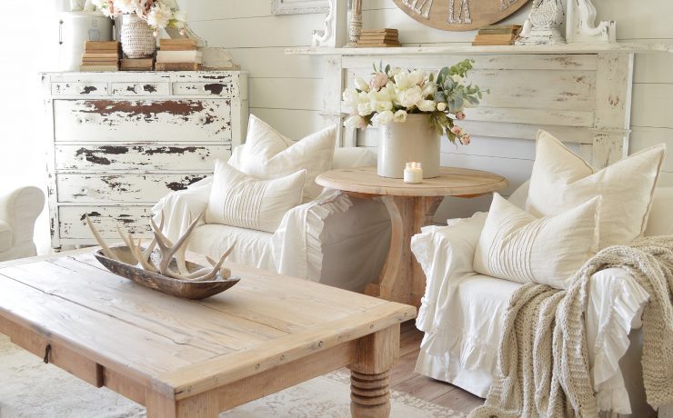 Living room of Natalie from My Vintage Porch, with white farmhouse style