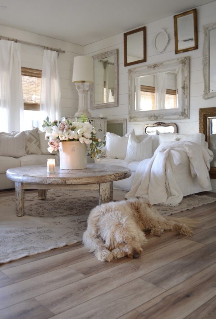 Living room of Natalie from My Vintage Porch, with white shiplap and vintage mirrors