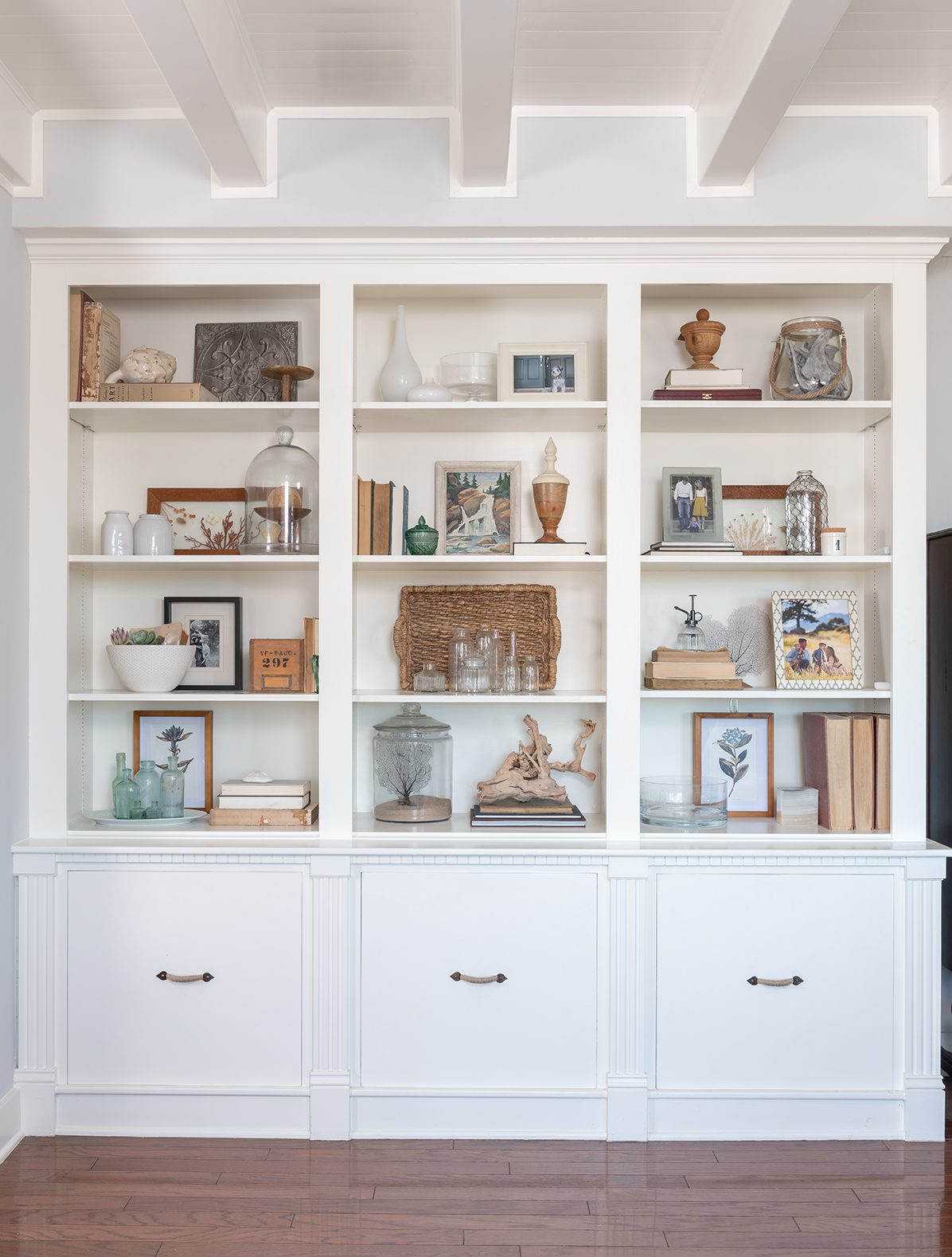 Built-in cabinets filled with decor