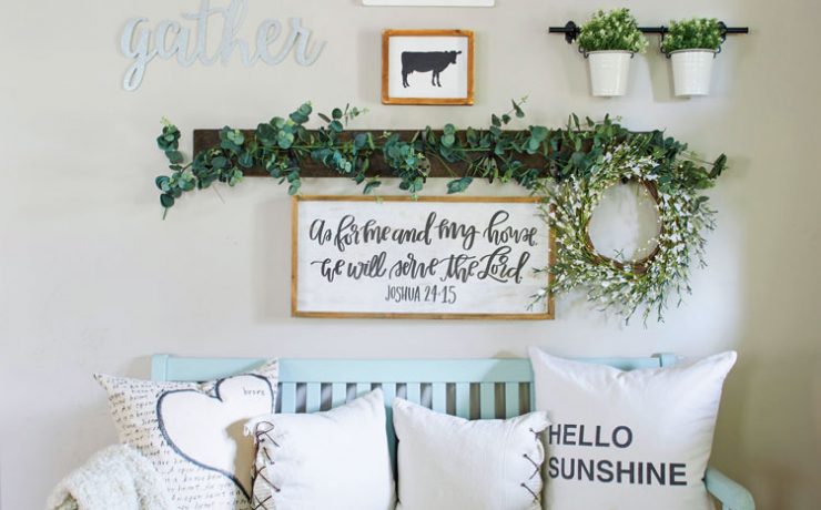 fall farmhouse gallery wall with blue bench
