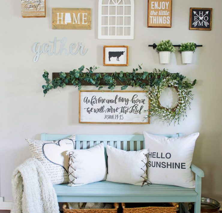 fall farmhouse gallery wall with blue bench