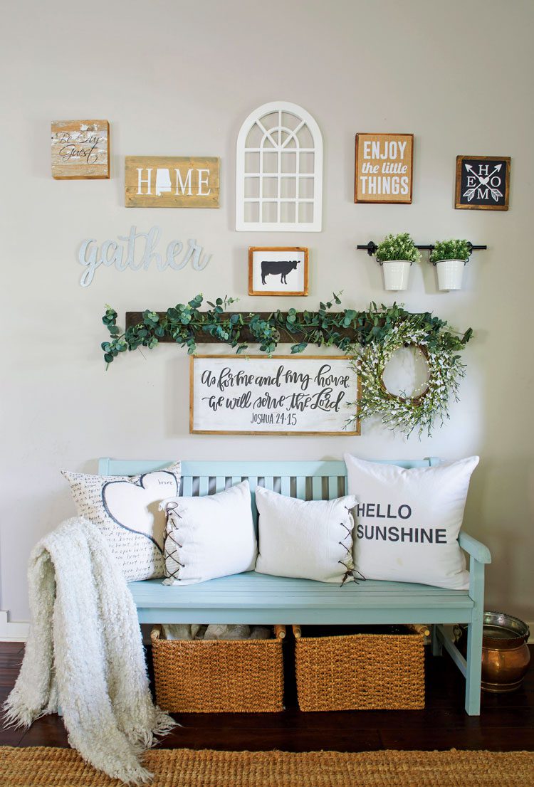 fall farmhouse gallery wall with blue bench