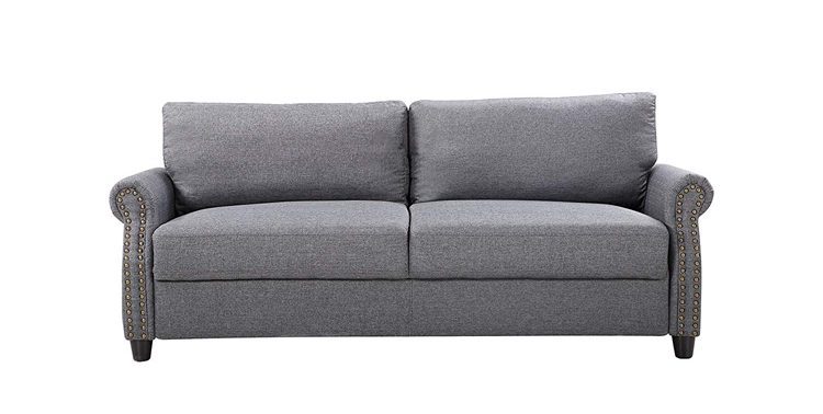 Gray fabric couch with nail stud trim and curved armrests.