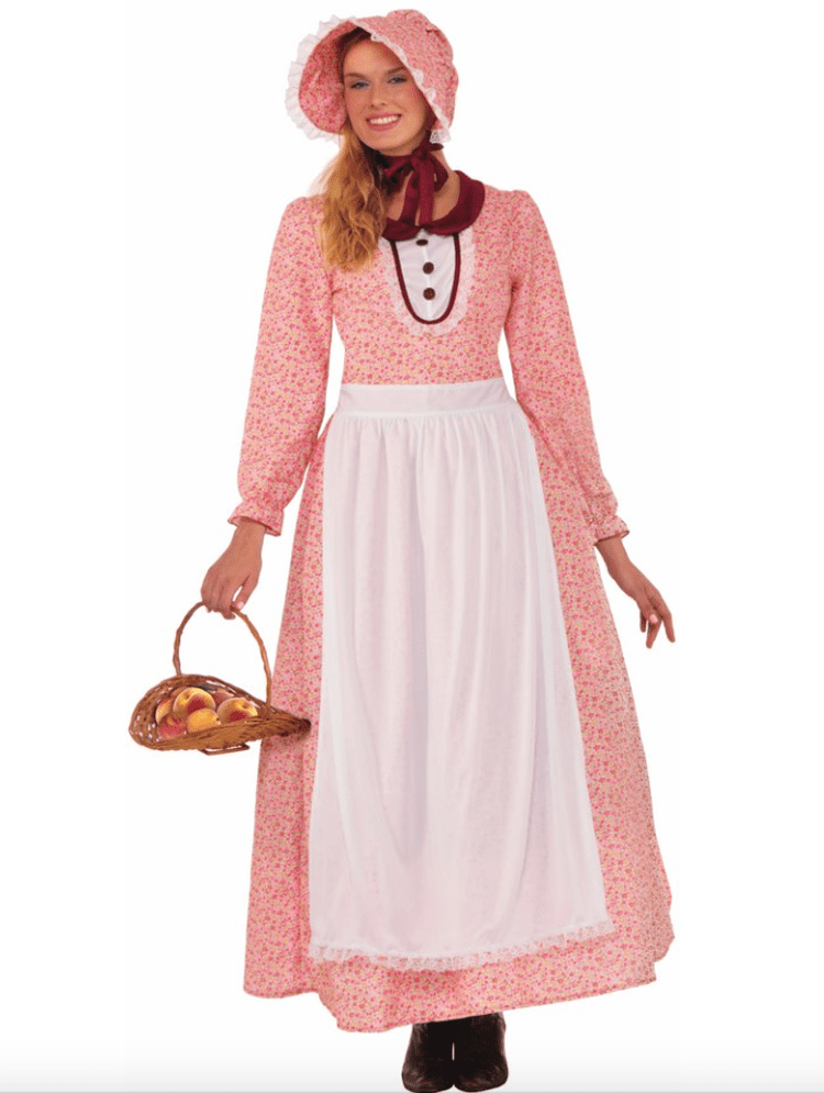This pioneer dress id made from pink calico fabric with a matching bonnet and white apron.