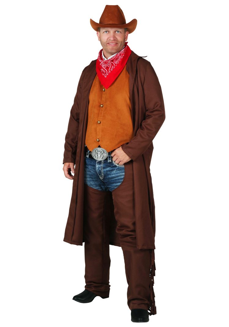 A sheriff amongst farmhouse costumes! This costume consists of brown fabric chinks, a long cowboy coat and vest with a red paisley bandana.