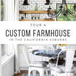 A kitchen with a butcher block counter, subway tile, and a marble countertop in a custom farmhouse