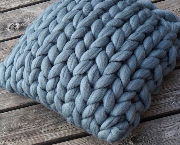 Chunky knit with giant yarn cornflower blue pillow.