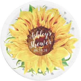 Country bridal shower paper plate with a vibrant sunflower design in the center (complete with customizable text)