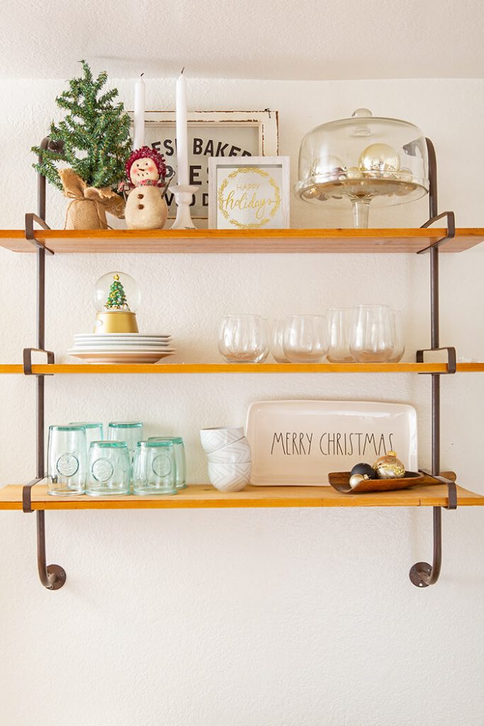 Kitchen open shelves to display Christmas collectibles