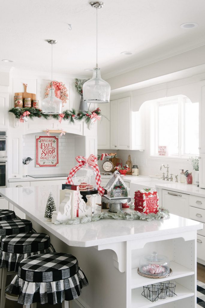 Farmhouse kitchen with Christmas collectibles on the counter top