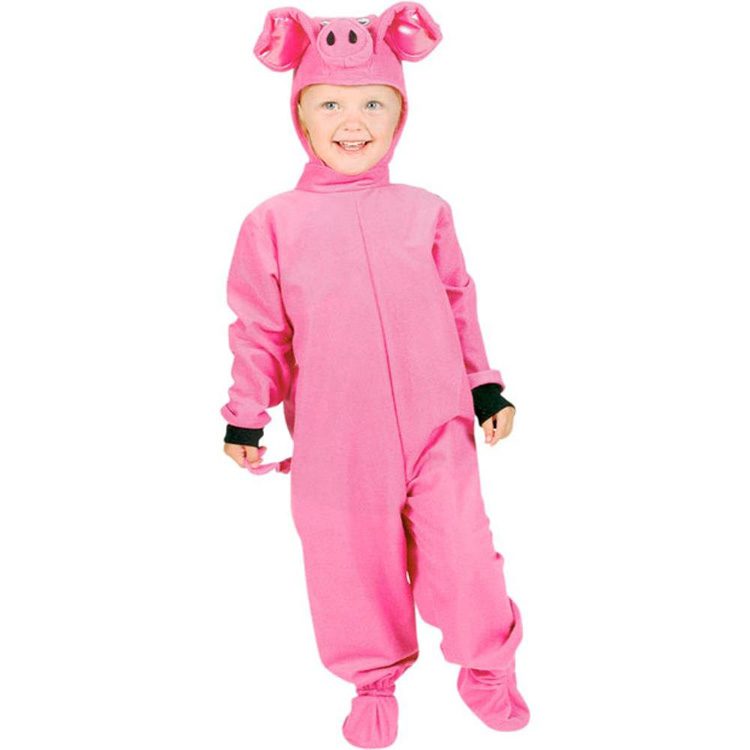 This farmhouse costume is a pink pig once that includes a cute hood with a pig snout and ears.