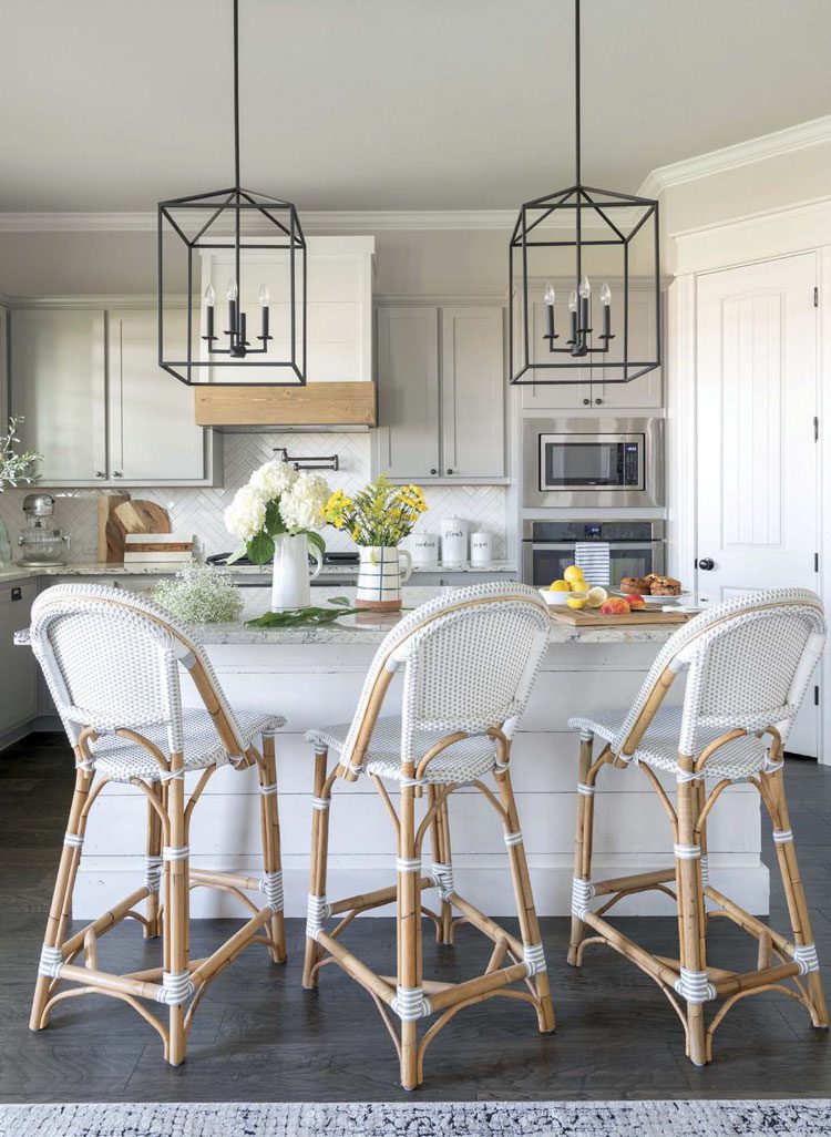 Farmhouse kitchen with two farmhouse lighting pendants.