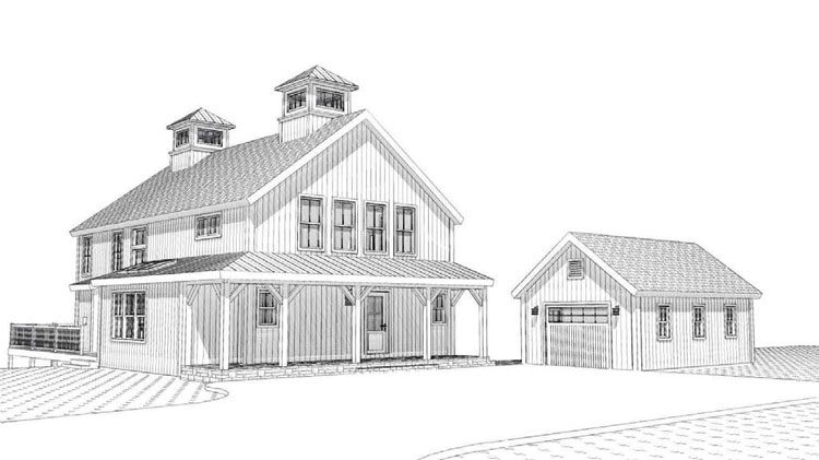The drawn plans for the exterior of the New Hampshire farmhouse, which will feature a wrap-around porch and a separate farmhouse car garage..