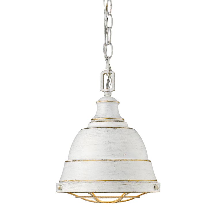 A rustic white pendant light with a gold underlay.