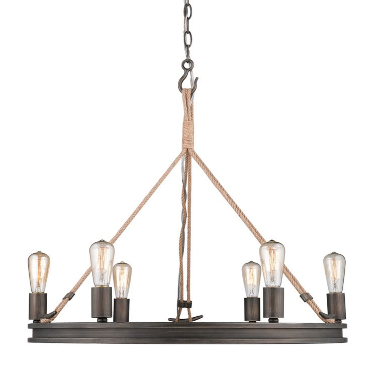 This single-tiered Golden Lighting chandelier has one brown ring with six vintage teardrop bulbs. The wiring is covered with thin ropes.