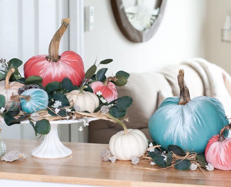 Pink and blue velvet DIY pumpkins, from My Wee Abode blog