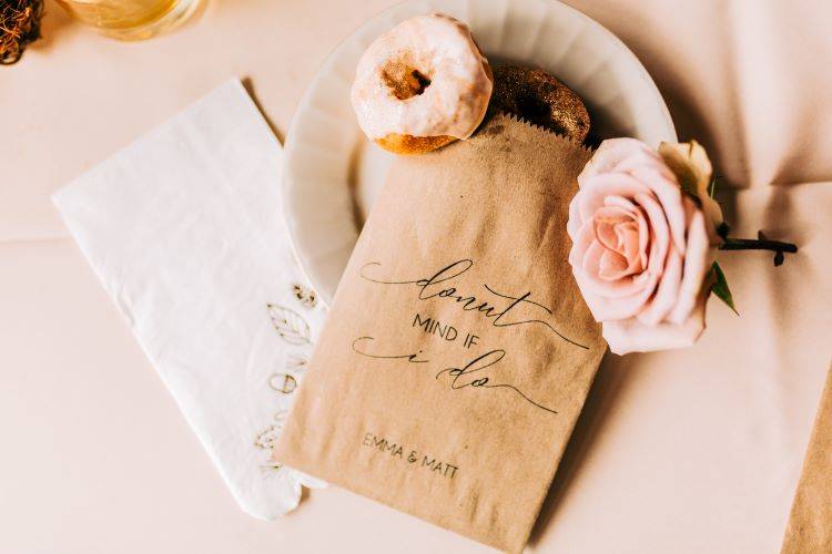 donut with dessert bag, stamped with the bride and groom’s name