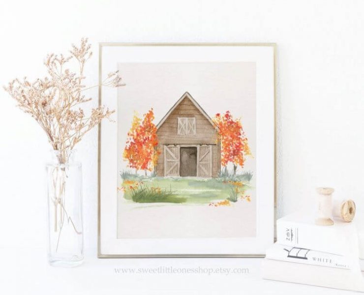 Art print of barn and autumn leaves