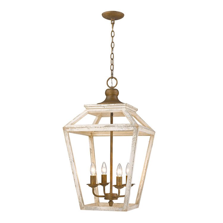 A four-light cream pentagon pendant with a rustic finish from Golden Lighting.