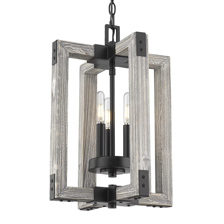 This three-light pendant from Golden Lighting has two overlapping wood squares with a gray finish and black metal touches.