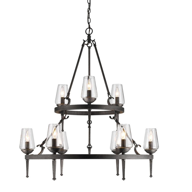 This iron-wrought two-tiered chandelier from Golden Lighting has six glass-cupped lights on the bottom ring and three on the smaller top ring.