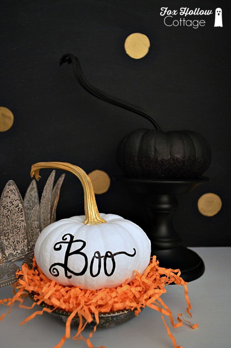 Boo no carve pumpkin in white